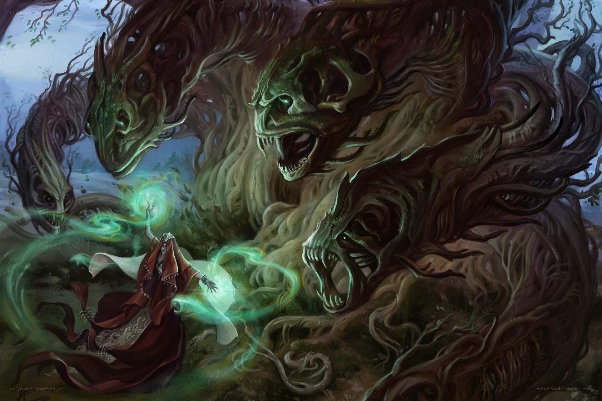 mage battles tree monsters