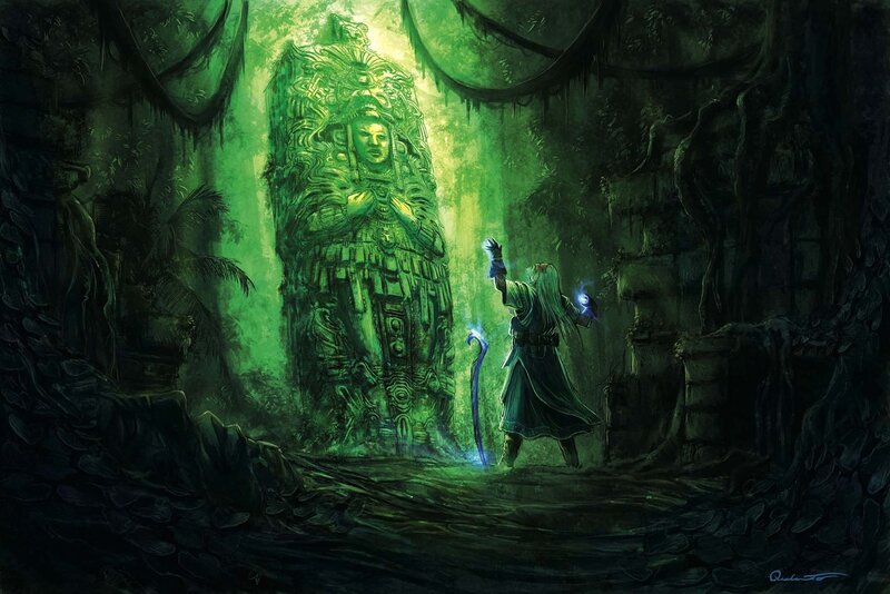 mage before ancient statue