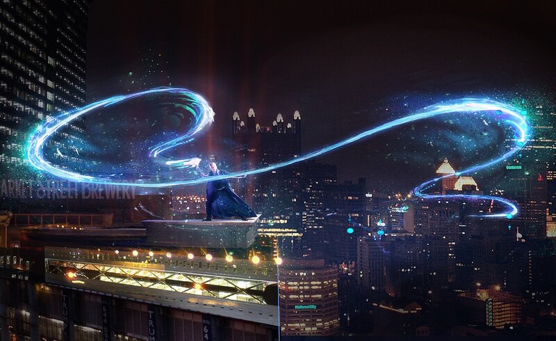 mage casting spell in city