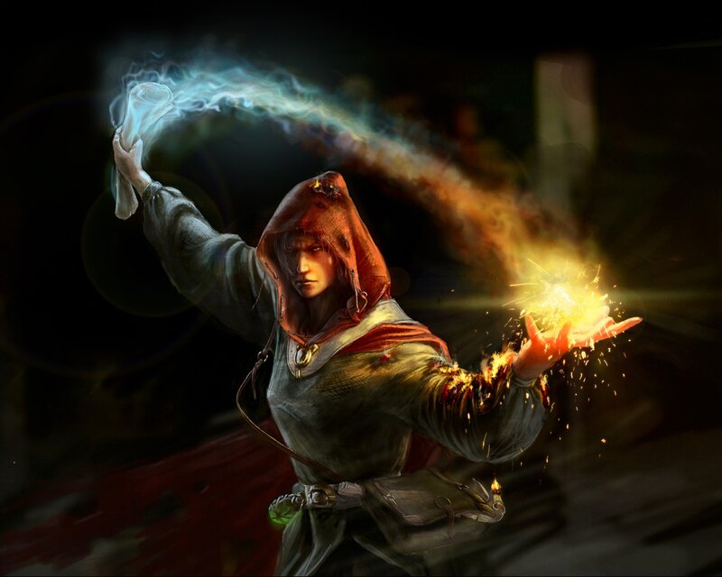 Mage Casting Spell — Red, Dramatic