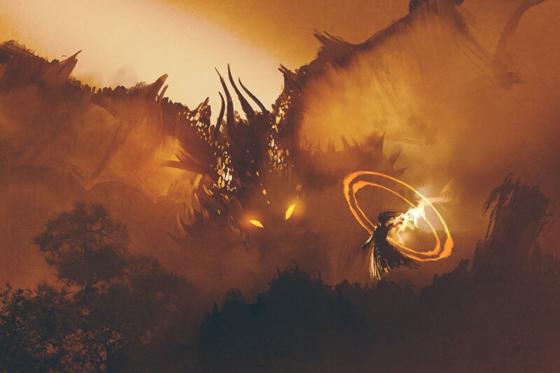 Mage Fighting Dragon — Orange