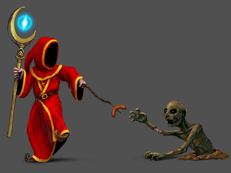 mage luring zombie with sausage