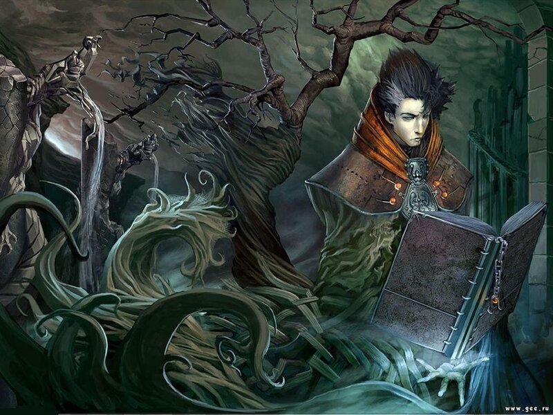 mage reading in a haunted grove