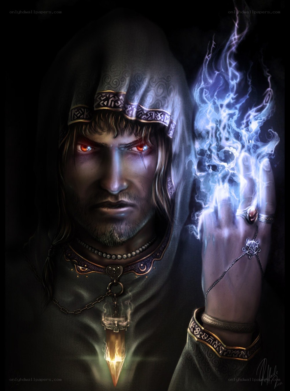 mage with glowing eyes and magic