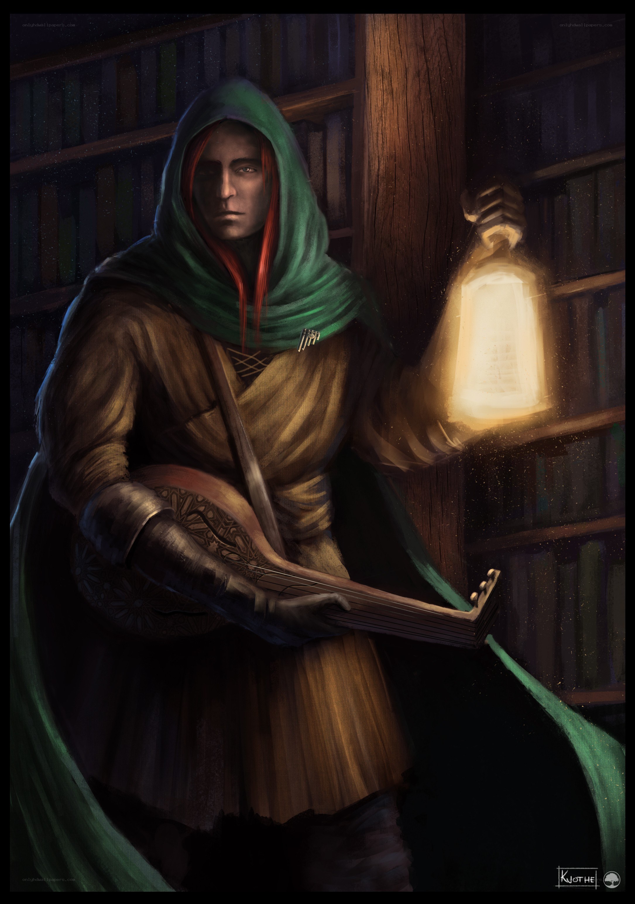 mage with lantern in library