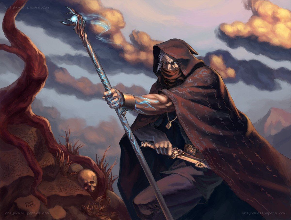 mage with staff and cloak