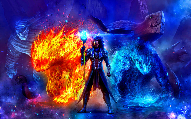 Mage with Staff and Elemental Beasts