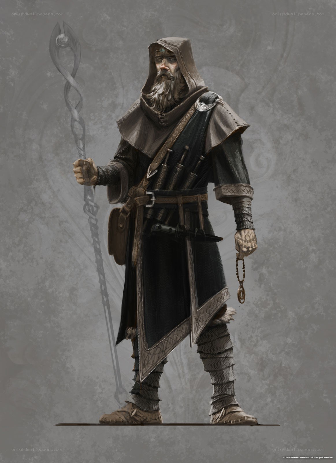 mage with staff and weapons