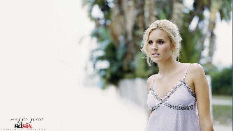 Maggie Grace in a light dress