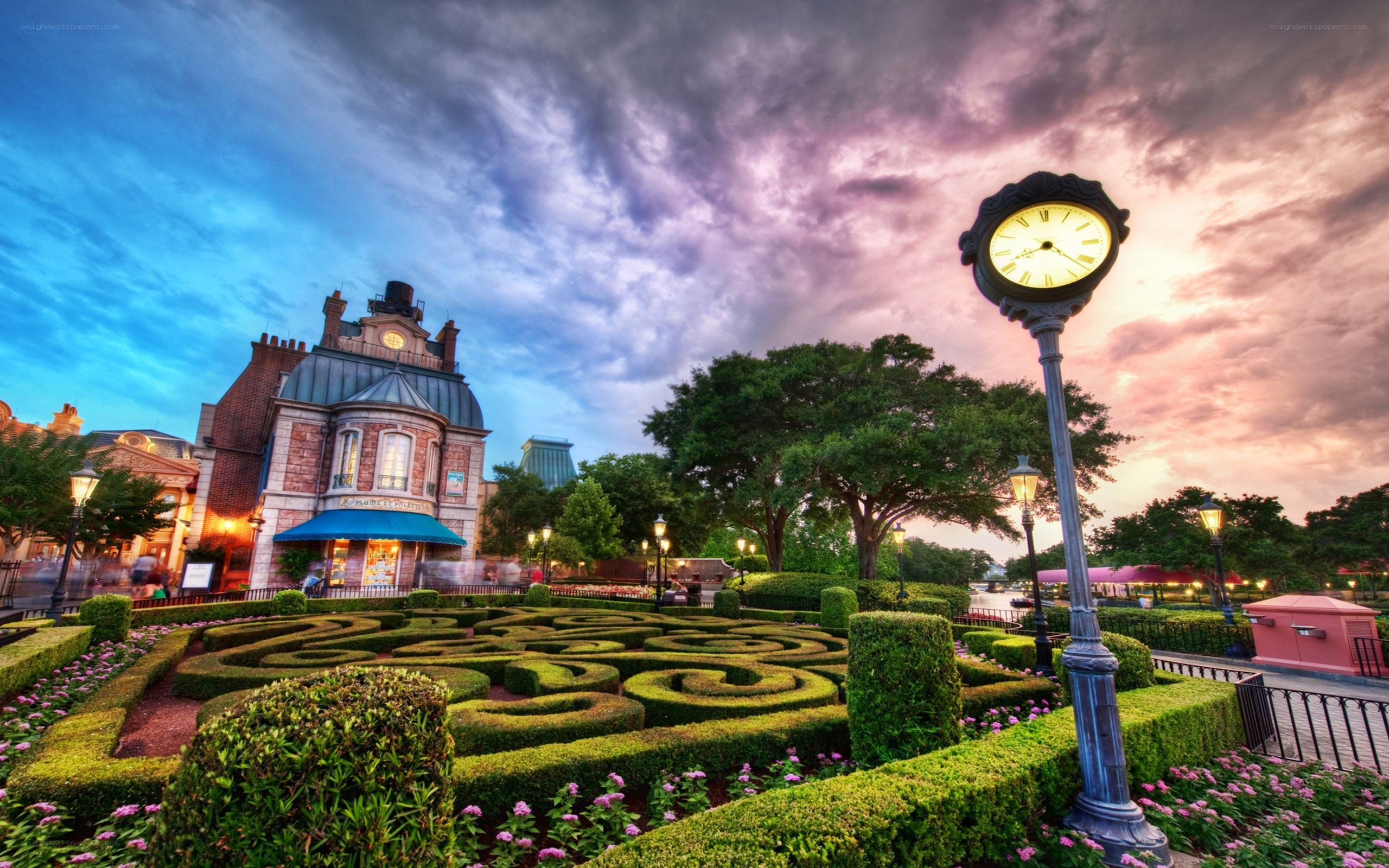 Magic Kingdom garden at dusk