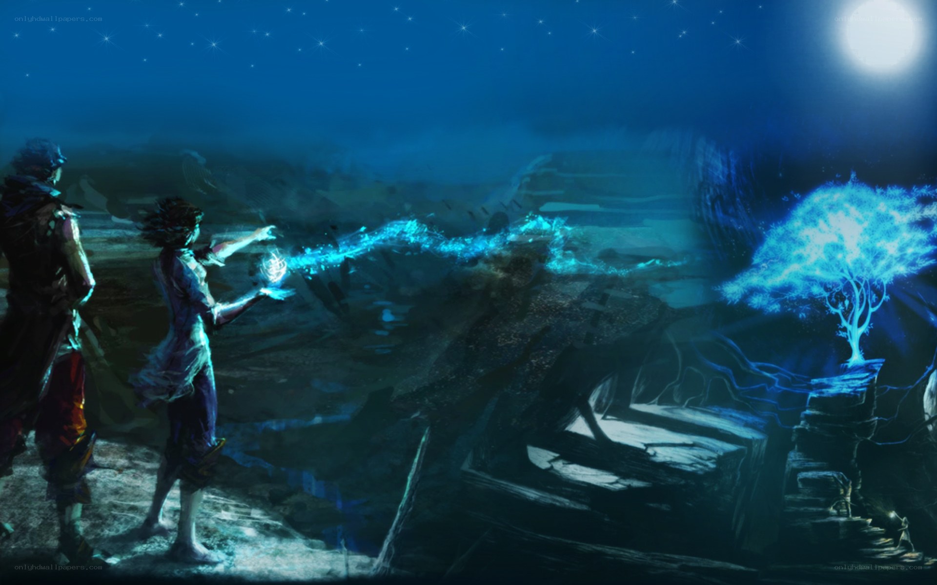 magic spell in moonlit landscape