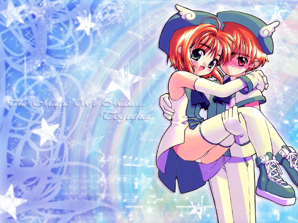 Magical anime couple embrace