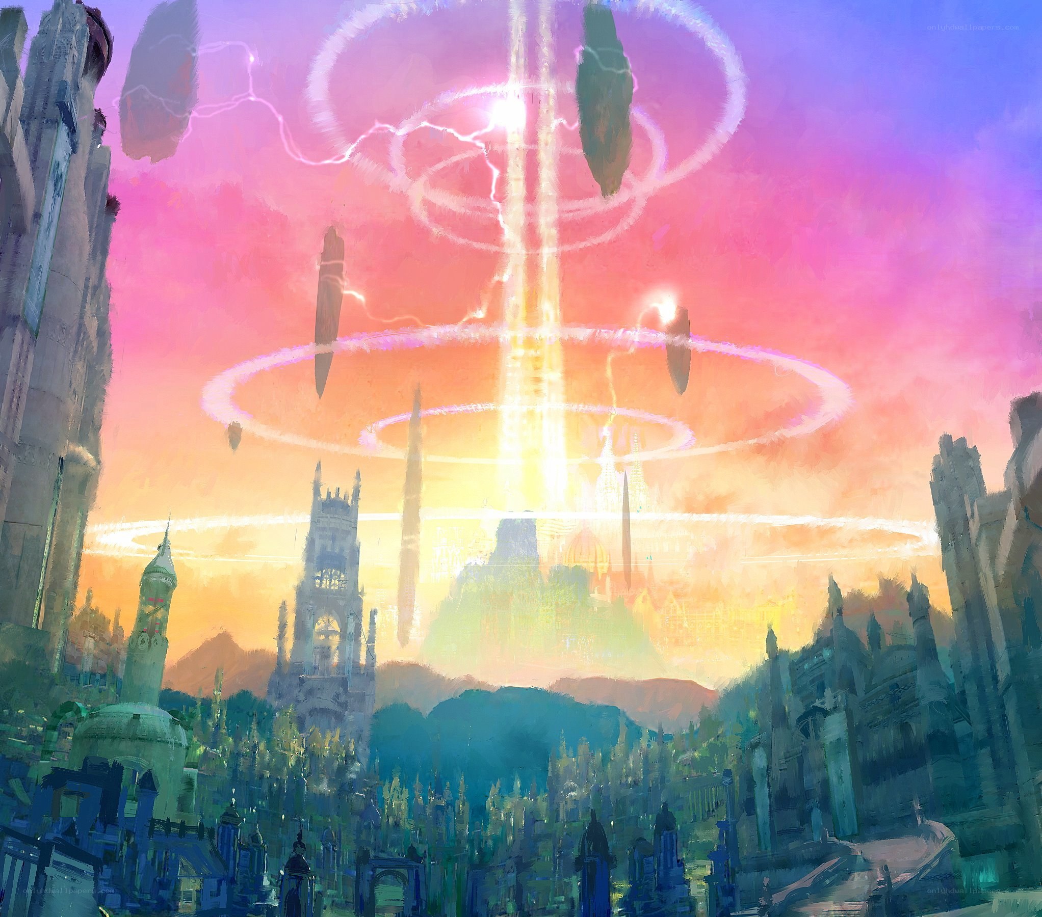 magical city with floating rings