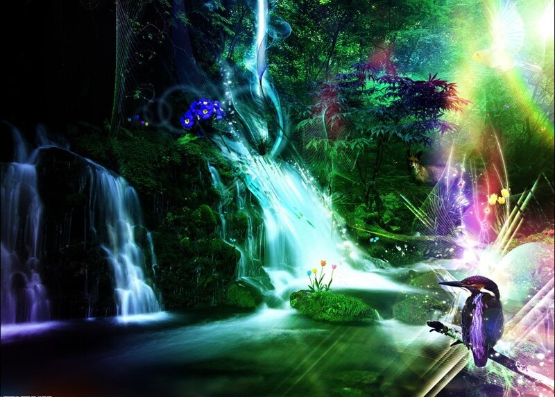magical forest waterfall scene