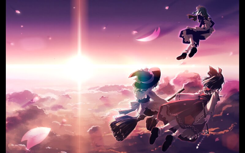magical girls flying at sunset