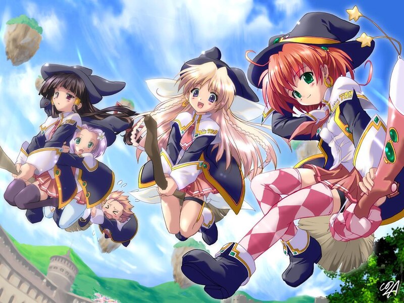 Magical girls flying on broomsticks