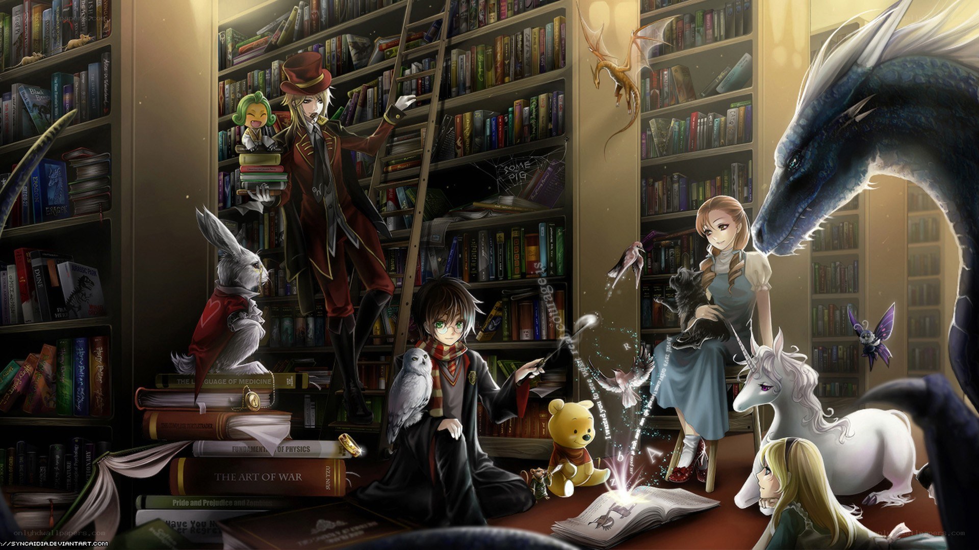 Magical library with fantasy creatures