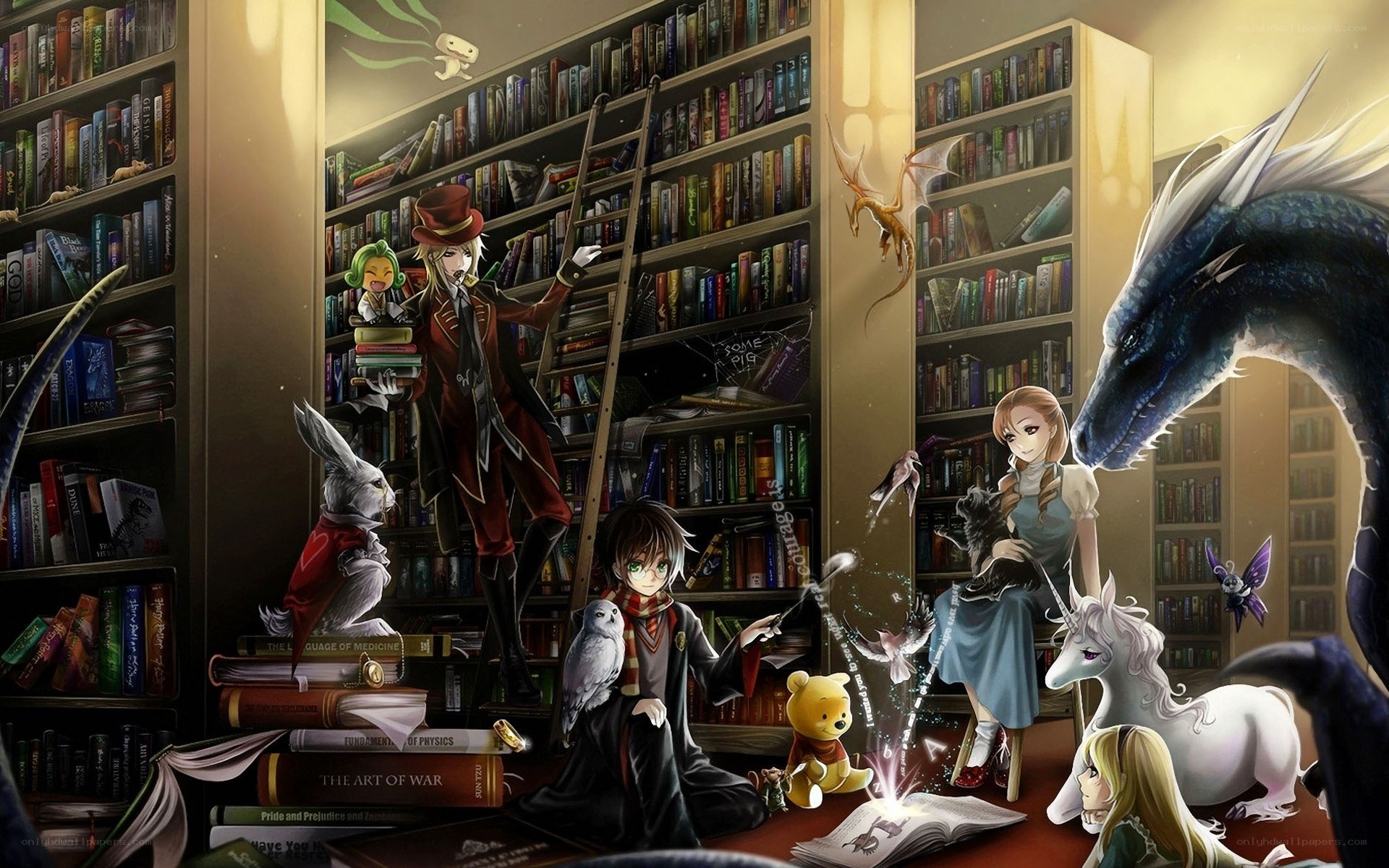 Magical library with fantasy creatures