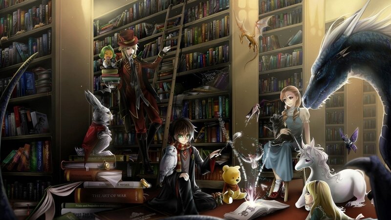Magical library with fantasy creatures