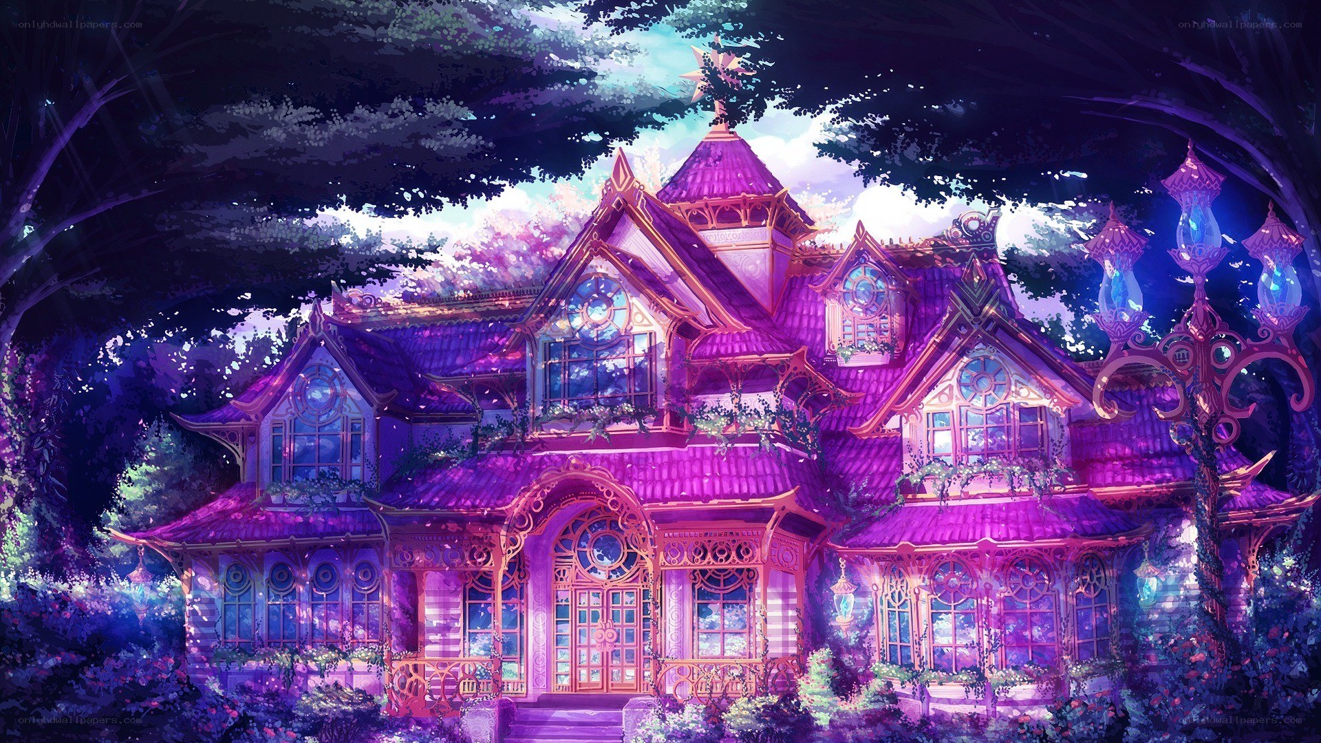 magical purple house in forest