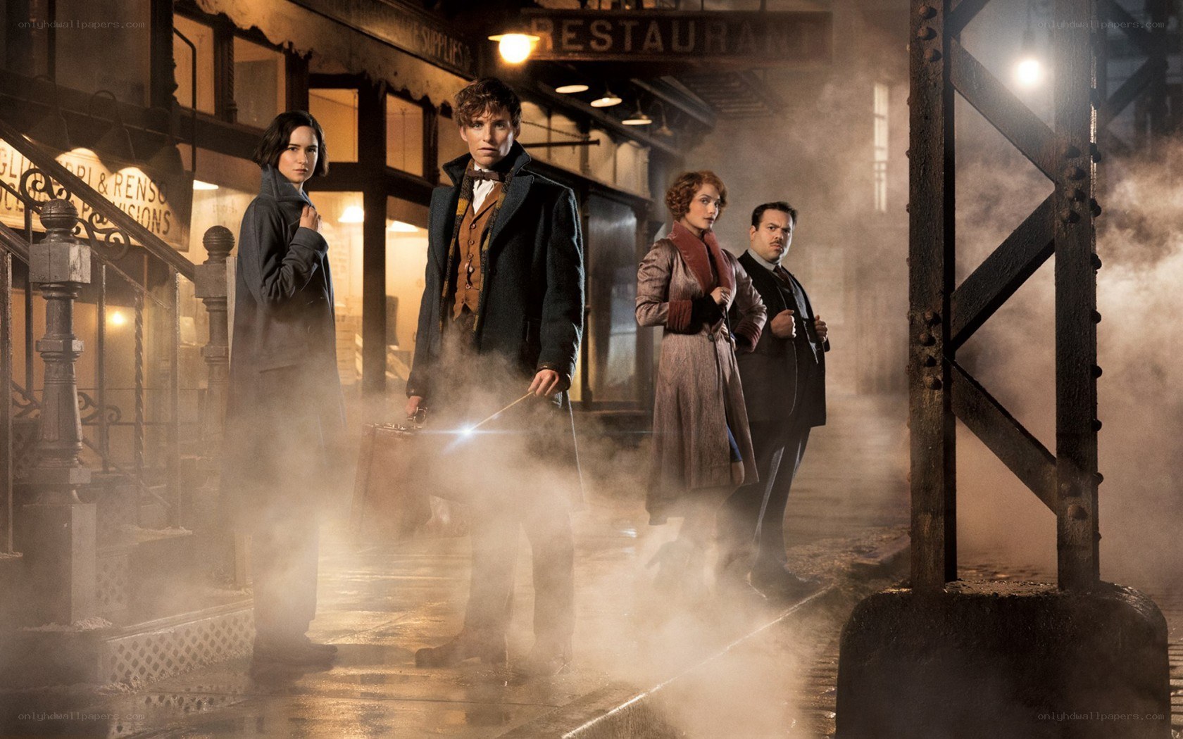 Magical street scene with four characters