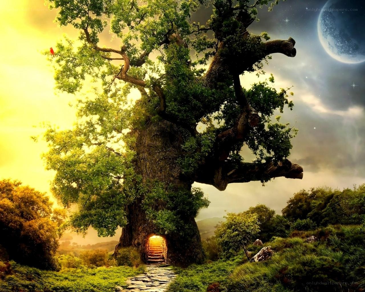 Magical tree with glowing door