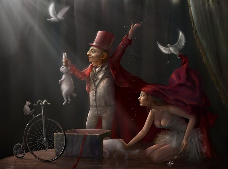 Magician and assistant performing tricks