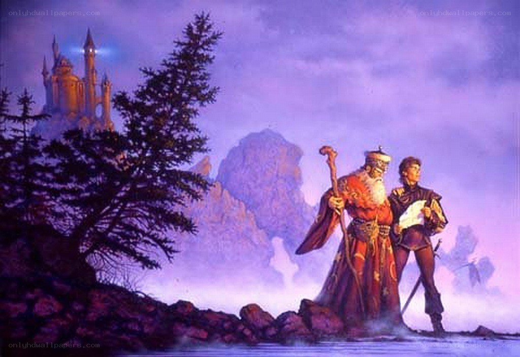Magician and warrior by a castle