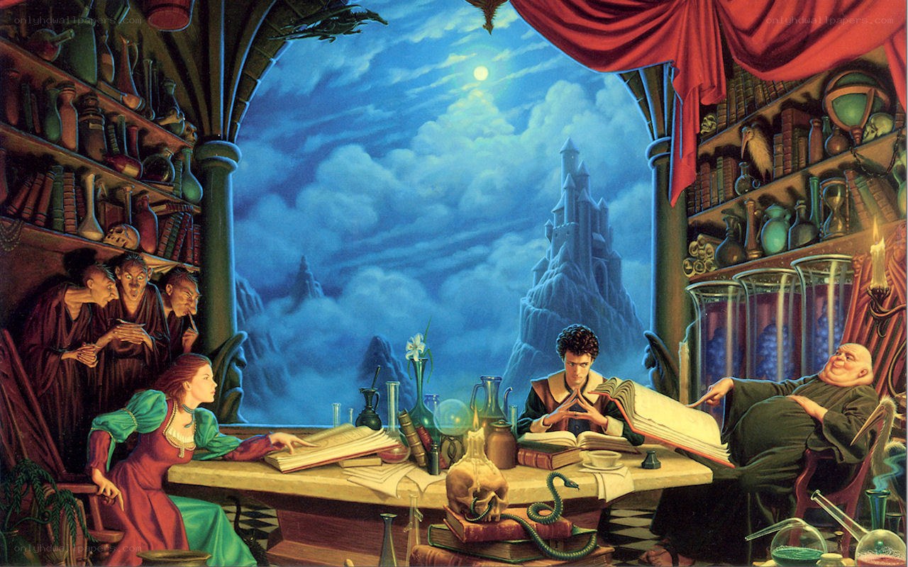 Magicians in a study at night