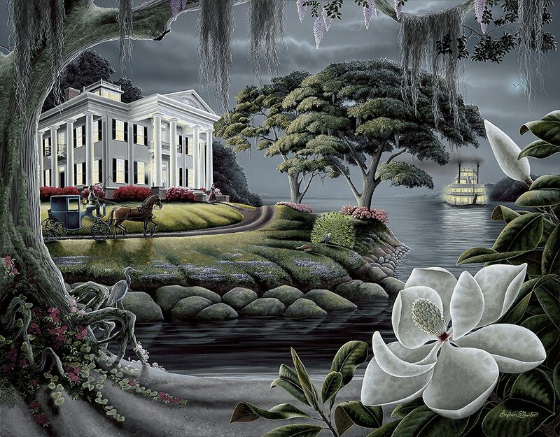 Magnolia Flower and Mansion — Green, Dramatic
