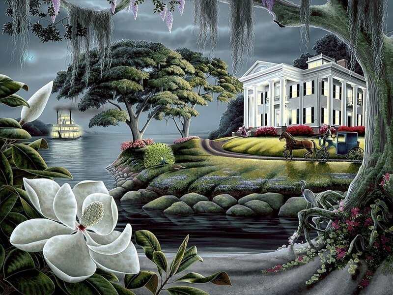 Magnolia Flower and Mansion — Green