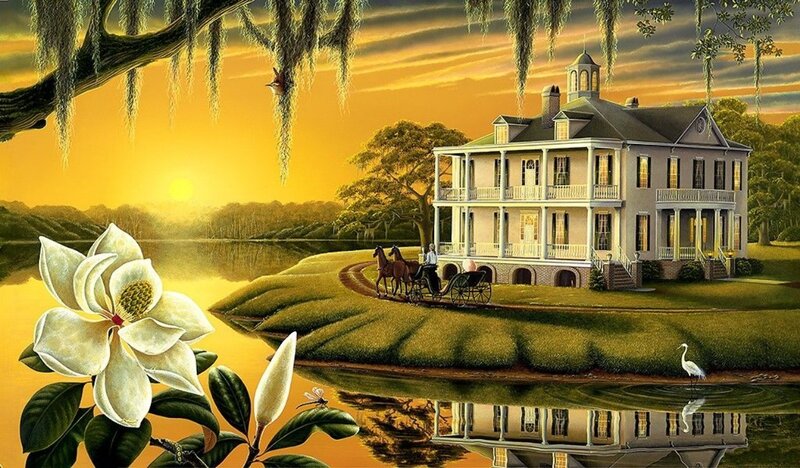 Magnolia Flower and Mansion