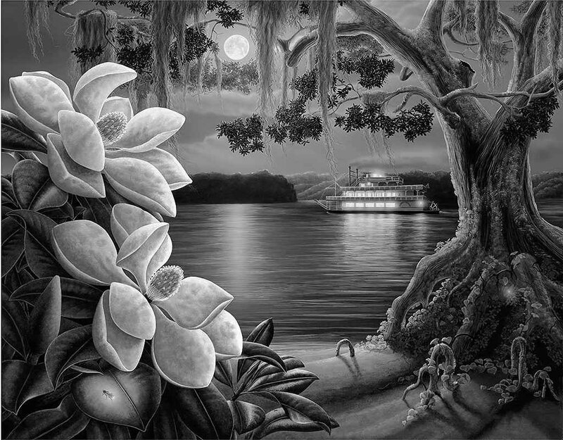 Magnolia Flowers and Riverboat — Black, Serene