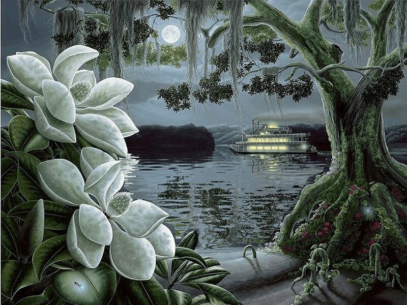 Magnolia Flowers and Riverboat — Green