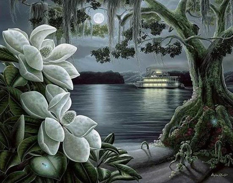 Magnolia Flowers and Riverboat