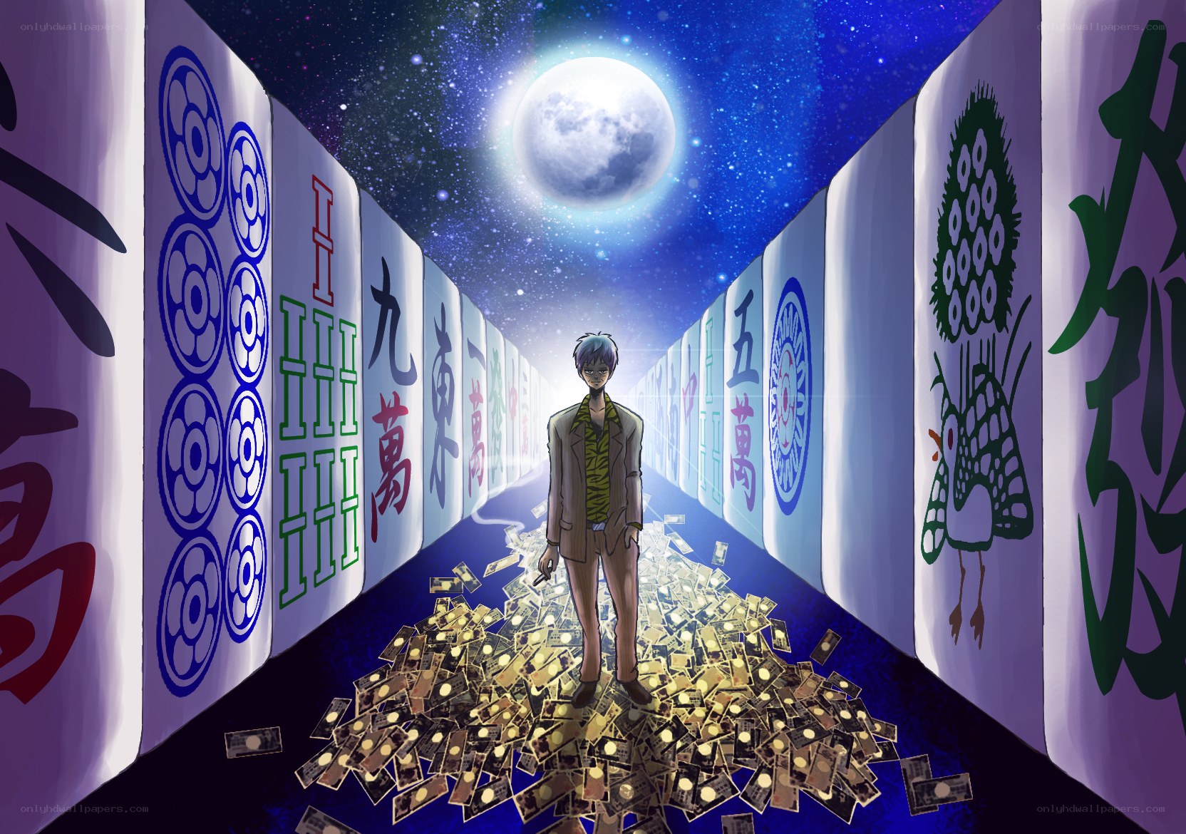 Mahjong player in a money-filled corridor