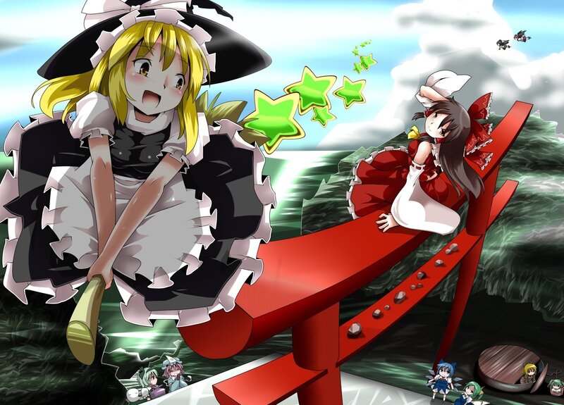 Maid and girl on a red bridge