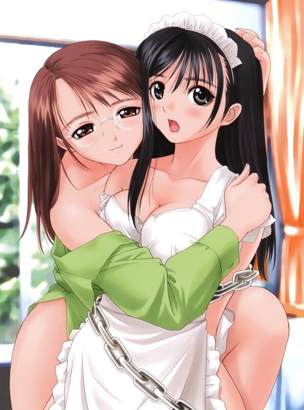 maid and glasses girl hug