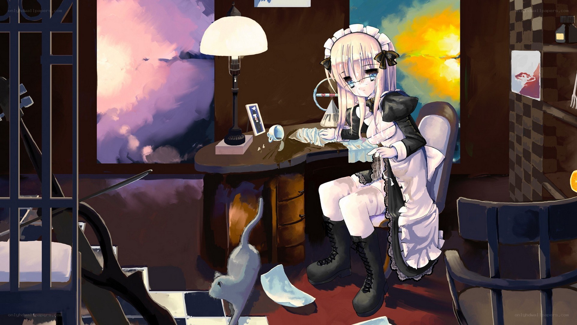 maid at a desk with cat