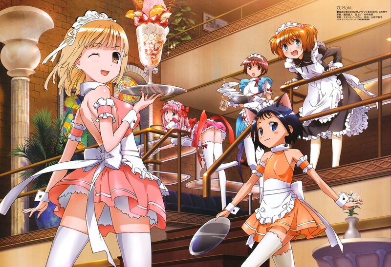 Maid cafe scene with anime girls