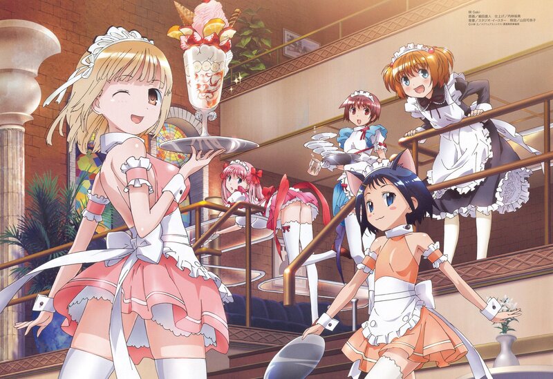 Maid cafe scene with anime girls