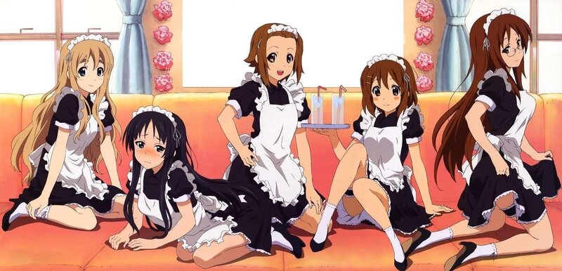 Maid cafe scene with five girls