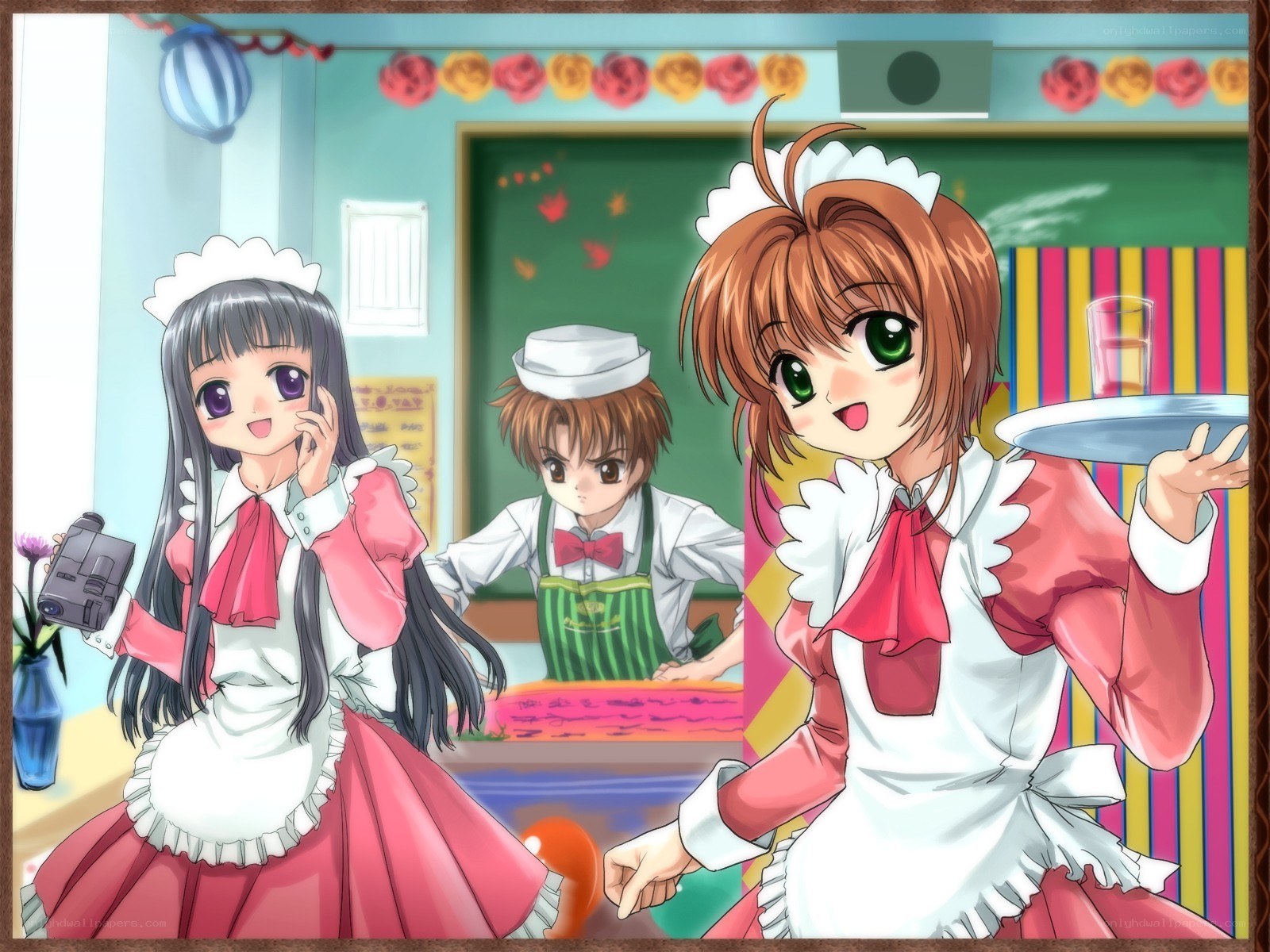 Maid cafe scene with three characters