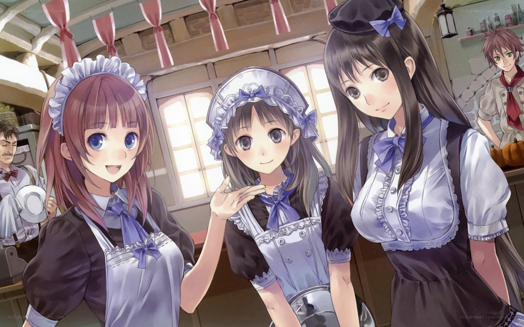 maid cafe scene with three girls
