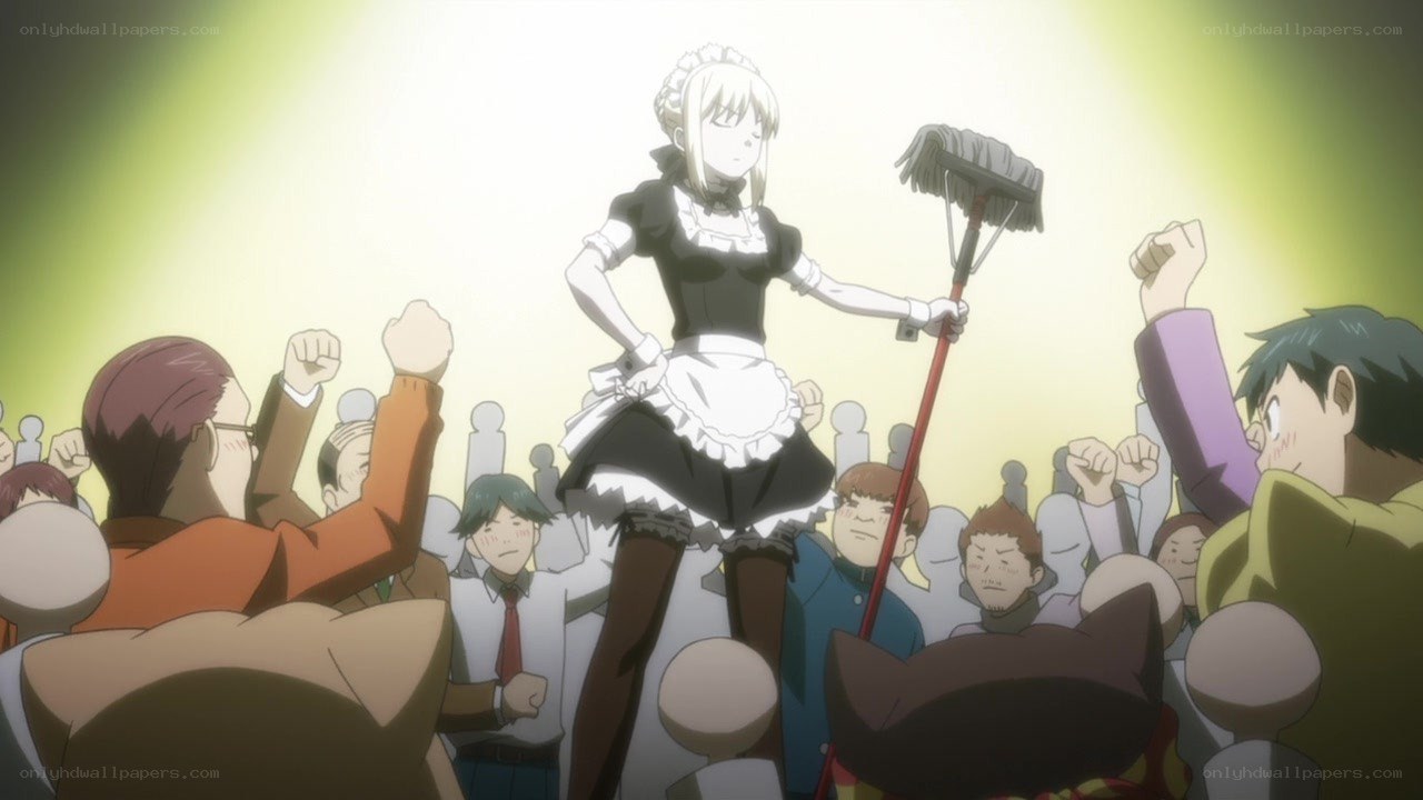 maid character with broom