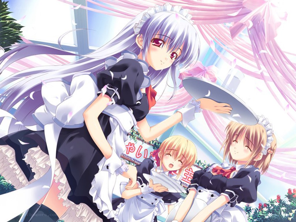 Maid characters in a garden