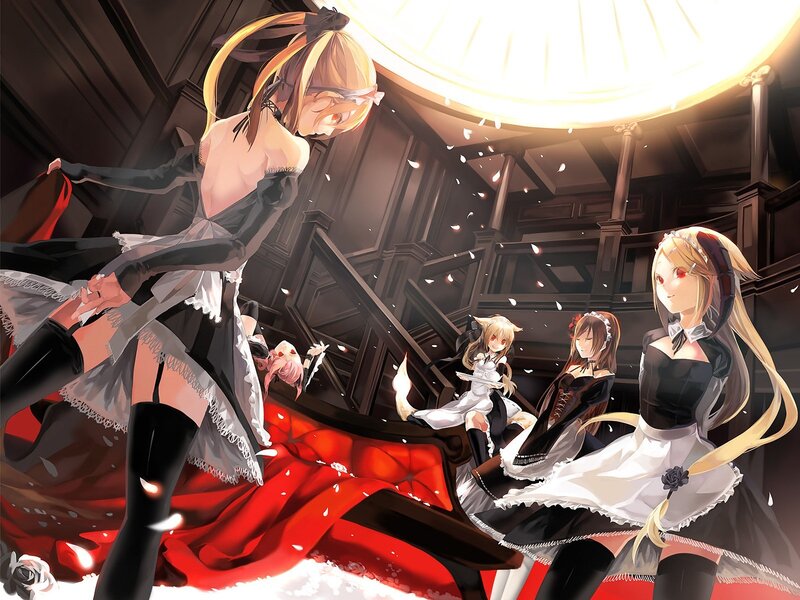 Maid characters in a grand hall