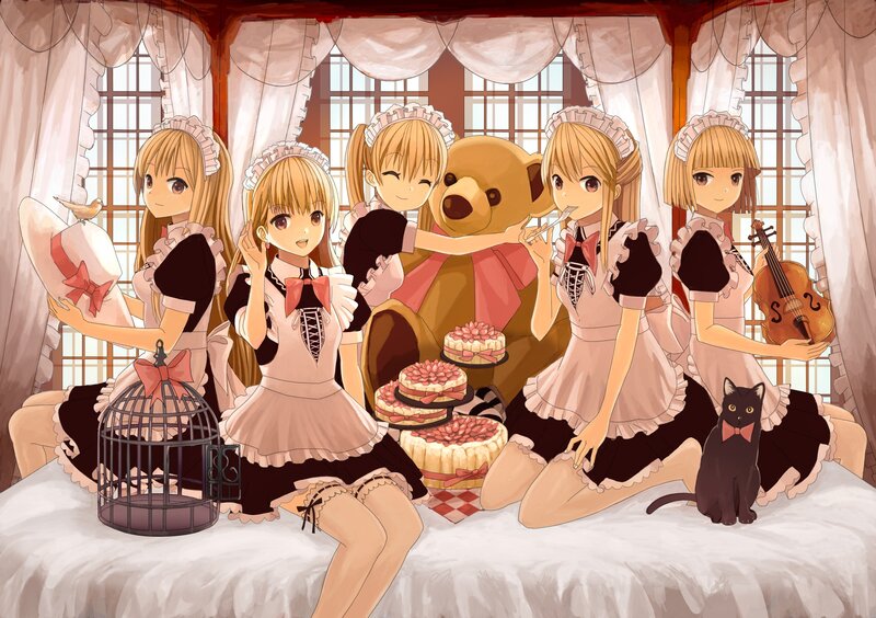 Maid girls with cakes and pets