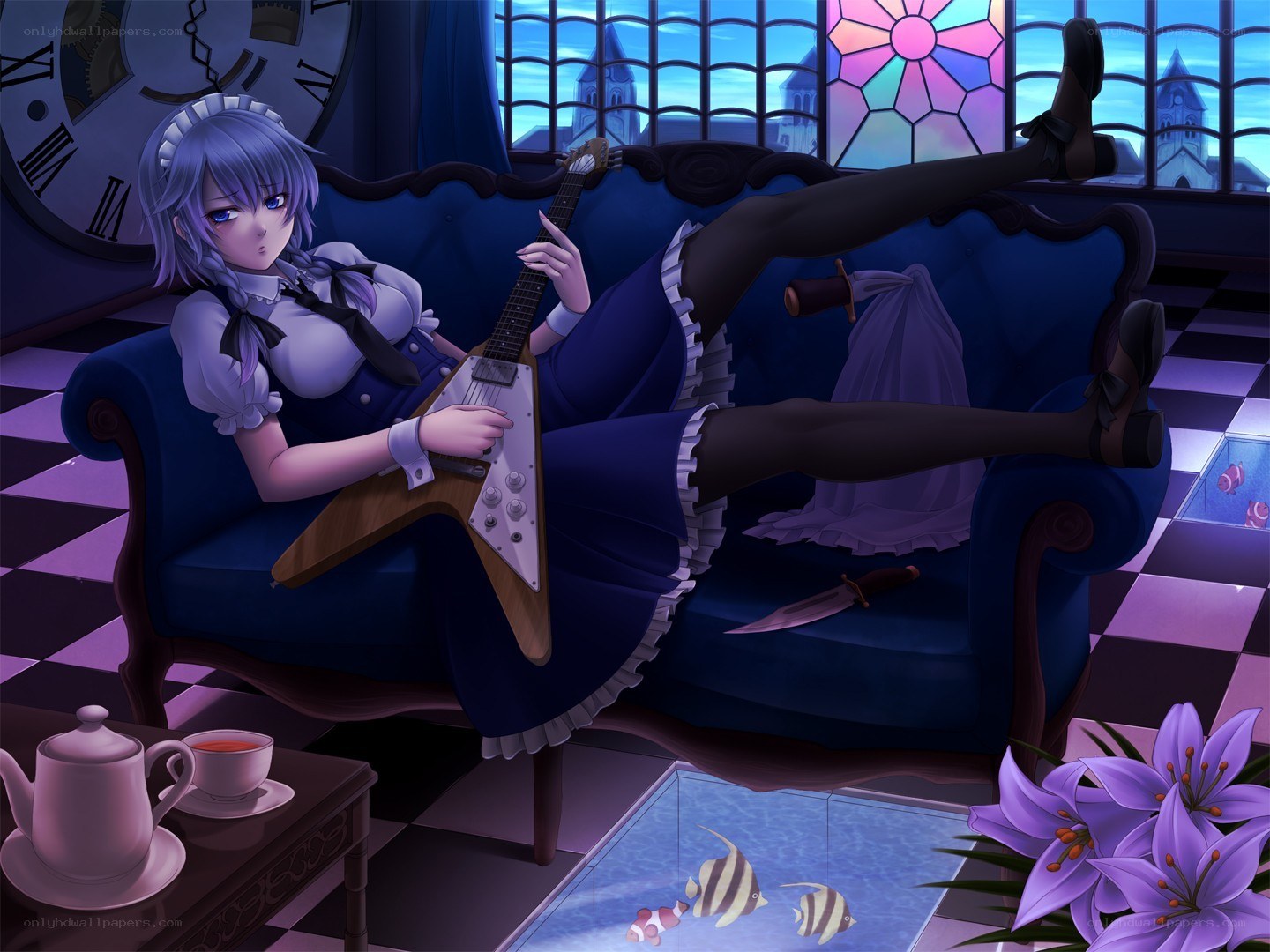 Maid with guitar on sofa