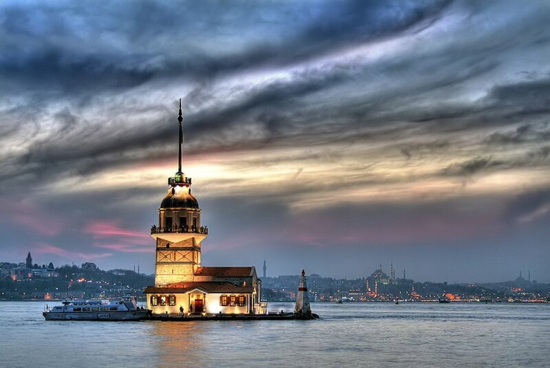 Maiden's Tower at Dusk — Blue, Dramatic, Sunset, Photograph, Boat